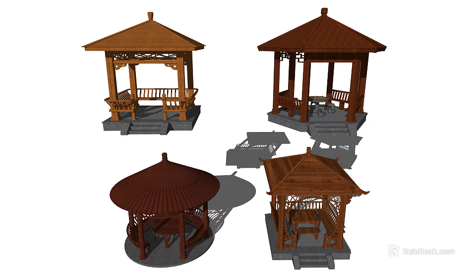 Outdoor Wooden Pavilion Designs With Various Roof Styles Benches And Steps For Gardens 3d model 