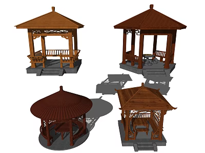 Outdoor Wooden Pavilion Designs With Various Roof Styles Benches And Steps For Gardens 3d model