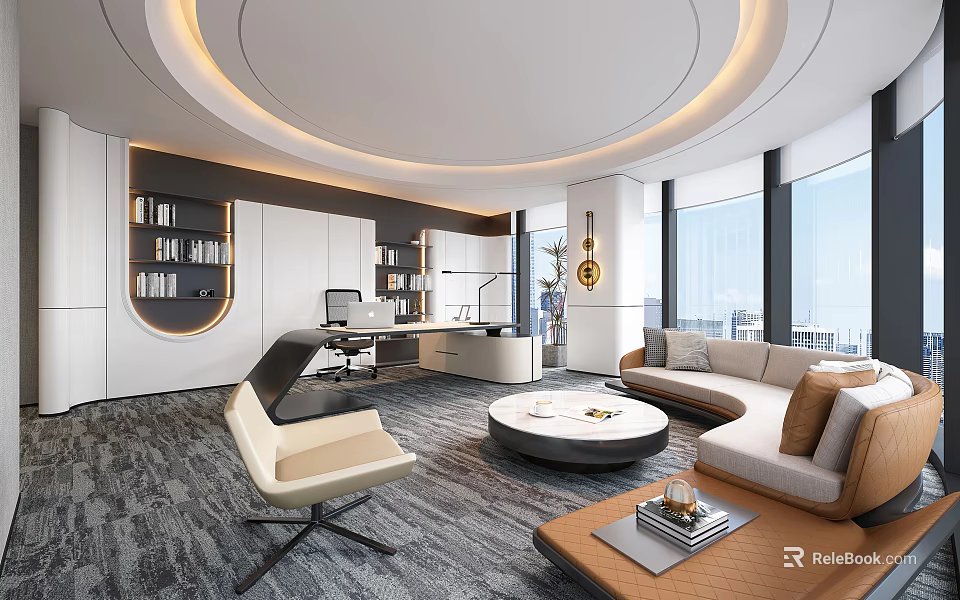 Modern Office Interior Design With Sofa Desk Round Coffee Table And Floor-to-Ceiling Windows 3d model 