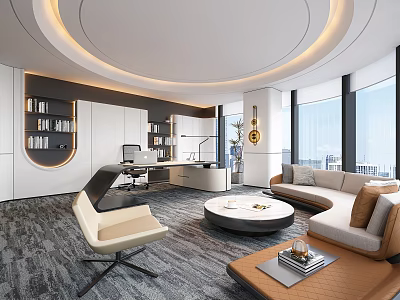 Modern Office Interior Design With Sofa Desk Round Coffee Table And Floor-to-Ceiling Windows 3d model