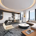 Modern Office Interior Design With Sofa Desk Round Coffee Table And Floor-to-Ceiling Windows