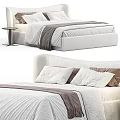 Contemporary Double Bed With Upholstered Frame White Bedding Brown Pillows And Round Side Table 3d model