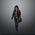Stylish Young Woman In Black Jacket Ripped Jeans And Patterned Backpack