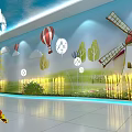 Event Passageway Featuring Blue Ceiling Paper Planes Dandelion Lights Green Plants And Murals