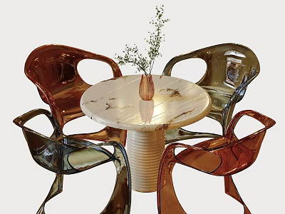 Modern Round Marble Top Table And Transparent Red Green Chairs Set With Vase Plants 3d model