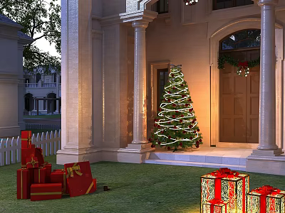Festive Christmas Porch With Lit Tree Red Gift Boxes And Green Lawn 3d model