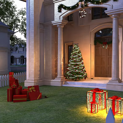 Festive Christmas Porch With Lit Tree Red Gift Boxes And Green Lawn 3d model