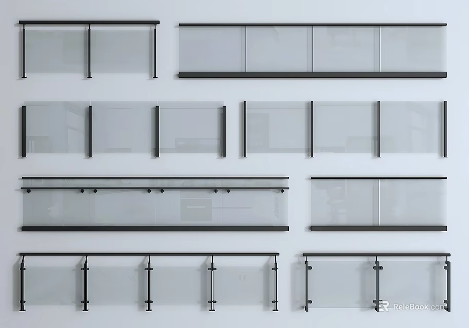 Various Modern Glass Railings With Different Frame Structures And Panel Designs 3d model