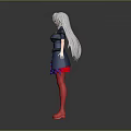 3D Anime Character With Gray Long Hair Red Eyes And Blue Outfit On Dark Background