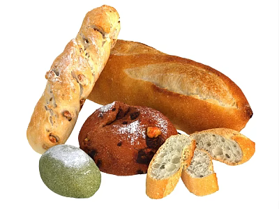 Assorted Fresh Bread With Baguette Nut Topped Green and Powdered Sugar Slices 3d model