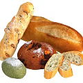Assorted Fresh Bread With Baguette Nut Topped Green and Powdered Sugar Slices