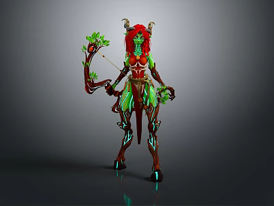 Fantasy Game and Movie Character With Red Horns Green Body Glowing Decorations and Plant Bow 3d model