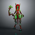 Fantasy Game and Movie Character With Red Horns Green Body Glowing Decorations and Plant Bow