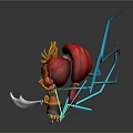3D Character Design With Red Hair Golden Headdress Axe And Blue Geometric Lightning Elements