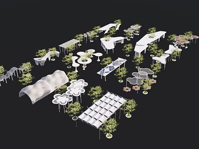 Modern Outdoor Pergola Design With Multiple Structures And Green Trees 3d model