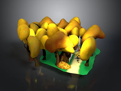 Sunlit Autumn Forest Landscape With Yellow Trees Path Green Ground And Fallen Leaves 3d model