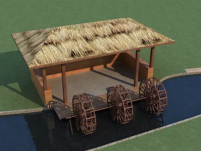 Garden Ornament with Thatched Roof Wooden Structure and Three Water Wheels by Water 3d model