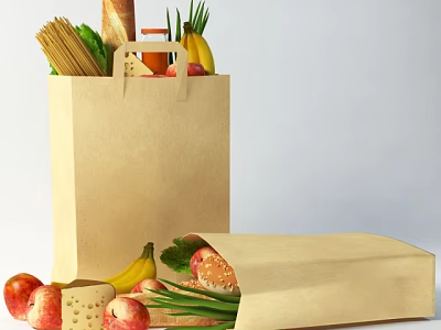 Open Brown Paper Bag Filled with Fresh Fruits Vegetables Bread Cheese and Spaghetti 3d model