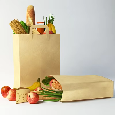 Open Brown Paper Bag Filled with Fresh Fruits Vegetables Bread Cheese and Spaghetti 3d model
