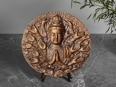 Wooden Circular Decorative Ornament Set With Thousand Hand Guanyin Carving On Marble Countertop 3d model