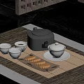 Traditional Chinese Tea Set With Teacups Saucers And Pastries On Bamboo Mat