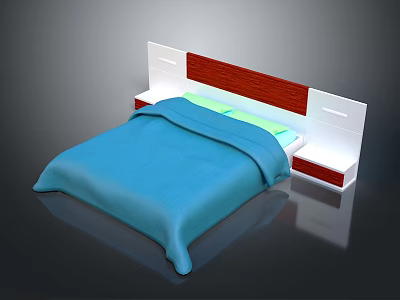 Modern Bed with Blue Bedspread White and Wooden Headboard and Integrated Side Units 3d model