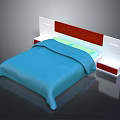 Modern Bed with Blue Bedspread White and Wooden Headboard and Integrated Side Units