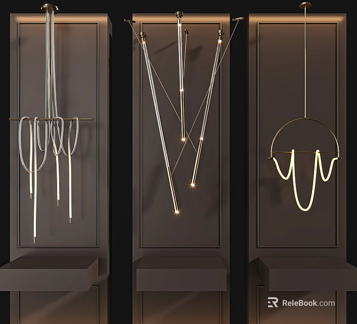 Modern Chandelier Designs Featuring Metal Structures And Various Geometric Shapes On 3d model