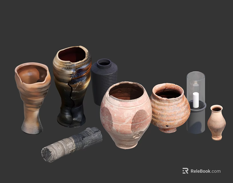 Decorative Assorted Handcrafted Ceramic Vessels with Unique Textures and Shapes 3d model
