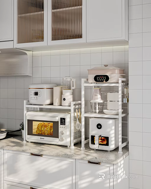 Modern Kitchen Interior With White Cabinets Tiled Walls And Essential Kitchen Appliances On Storage Shelves 3d model 