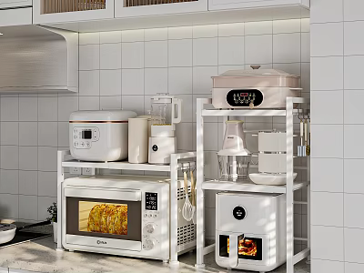 Modern Kitchen Interior With White Cabinets Tiled Walls And Essential Kitchen Appliances On Storage Shelves 3d model