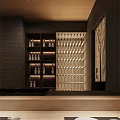 Cozy Restaurant Interior With Wooden Ceiling Dark Walls Circular Decor And Shelves With Bottles