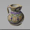 Colorful Earthenware Jug With White Base Green Purple Yellow Decorative Patterns On Black Background