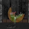 Hanging Copper Crescent Shaped Garden Decor Planter with Various Flowers Green Leaves and Trailing Plants