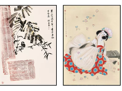 Traditional Chinese Paintings Featuring Bamboo Ink Art Classical Figure And Calligraphy Seals 3d model