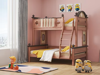 Wooden Bunk Bed In Kids Room With Minion Posters Pink Walls And Yellow Bedding 3d model