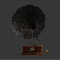 Vintage Gramophone Audio Equipment With Brass Horn Wooden Base And Green Turntable