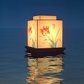 Outdoor Floating Lanterns on Water Surface with Floral Patterns Night Scene Bridge and Lotus Elements 3d model