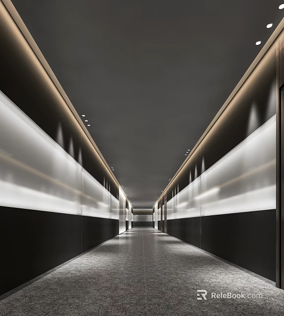 Modern Elevator Corridor with Strip Lighting Sleek Wall Panels and Polished Floor Design 3d model 