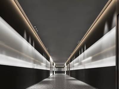 Modern Elevator Corridor with Strip Lighting Sleek Wall Panels and Polished Floor Design 3d model