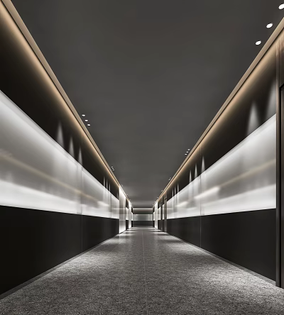 Modern Elevator Corridor with Strip Lighting Sleek Wall Panels and Polished Floor Design 3d model