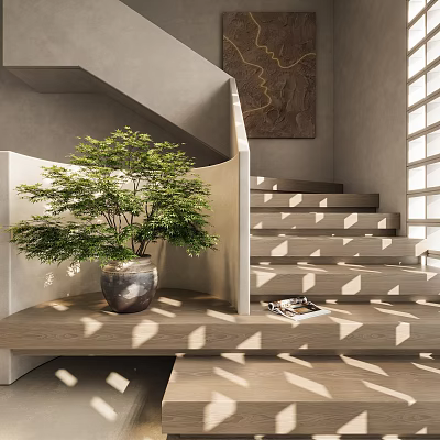 Bonsai Potted Plant On Wooden Platform Next To Stairs With Sunlight Shadows In Modern Interior 3d model