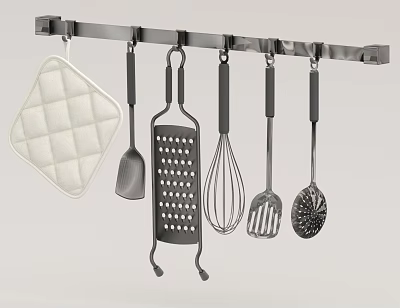 Stainless Steel Hanging Kitchen Utensils Rack with Pot Holder Spatula Grater Whisk and Spoon 3d model