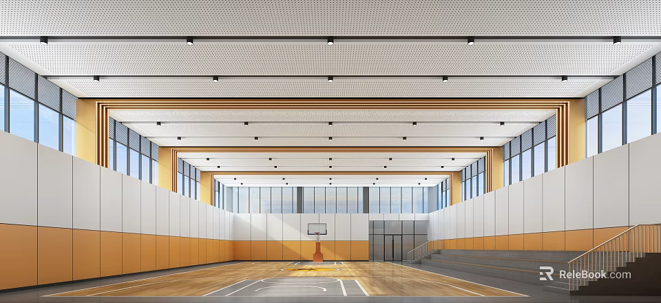 Basketball Gymnasium Interior With Perforated Ceiling Lights Large Windows White Orange Walls And Wooden Floor 3d model 