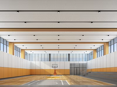 Basketball Gymnasium Interior With Perforated Ceiling Lights Large Windows White Orange Walls And Wooden Floor 3d model