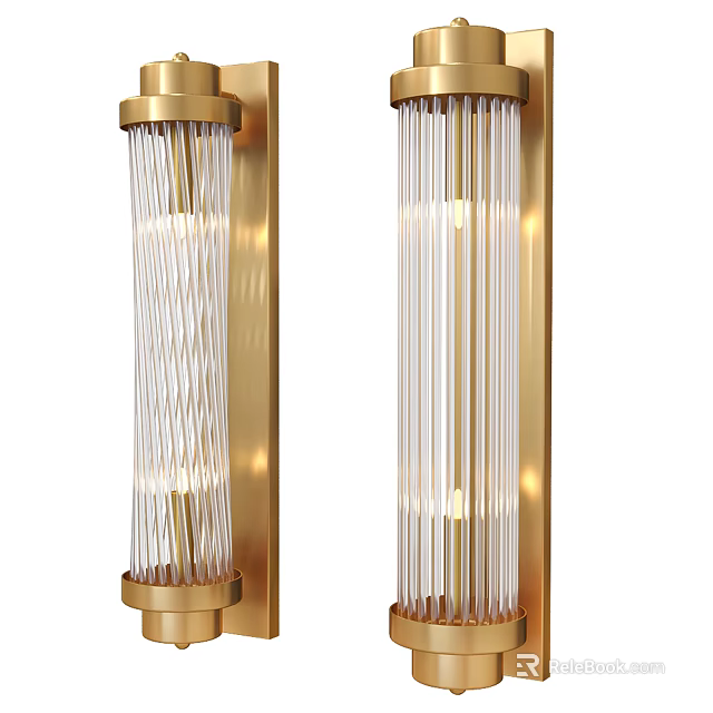 Modern Wall Sconces With Golden Metal Frame And White Striped Glass Illuminated Warm Light 3d model 