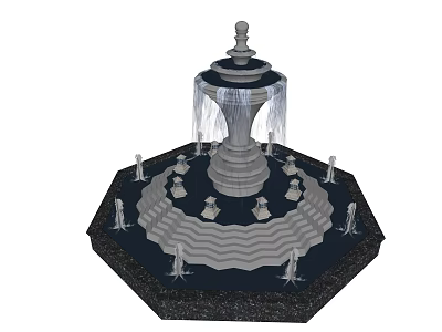 Ornate Multi Tiered Fountain With Central Tower Water Cascading And Octagonal Base Decorative Statues 3d model