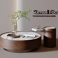 Elegant Round Wooden Coffee Table With Marble Top Potted Plant Books And Wooden Side Table