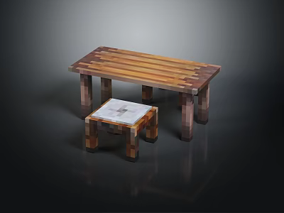 Natural Wooden Table And Stool Set With Striped Top And Sturdy Legs 3d model