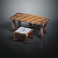 Natural Wooden Table And Stool Set With Striped Top And Sturdy Legs